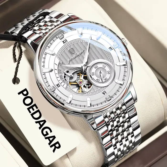 POEDAGAR haut de gamme homme montre-bracelet lumineux creux Tourbillon en acier inoxydable hommes ho