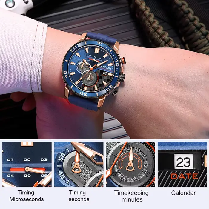 Montre de sport chronographe avec bracelet en silicone orange pour homme
