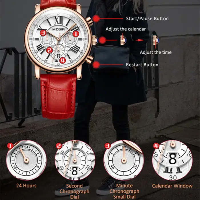 MEGIR femmes montres de luxe Quartz chronographe bracelet en cuir dames sport montre-bracelet femme robe horloge 24 heures Reloj Mujer 2058