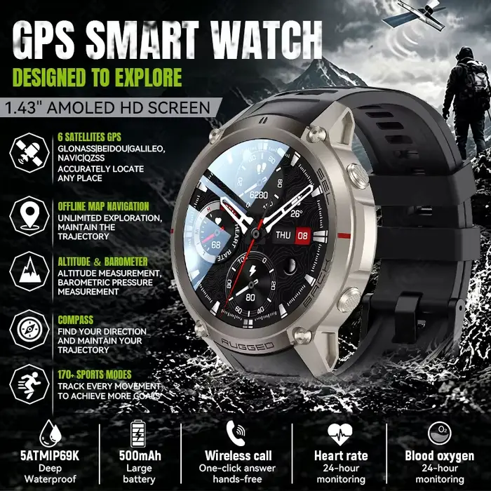 Montre connectée GPS pour homme 2026 avec carte hors ligne, étanche 5ATM, boussole, suivi de navigat