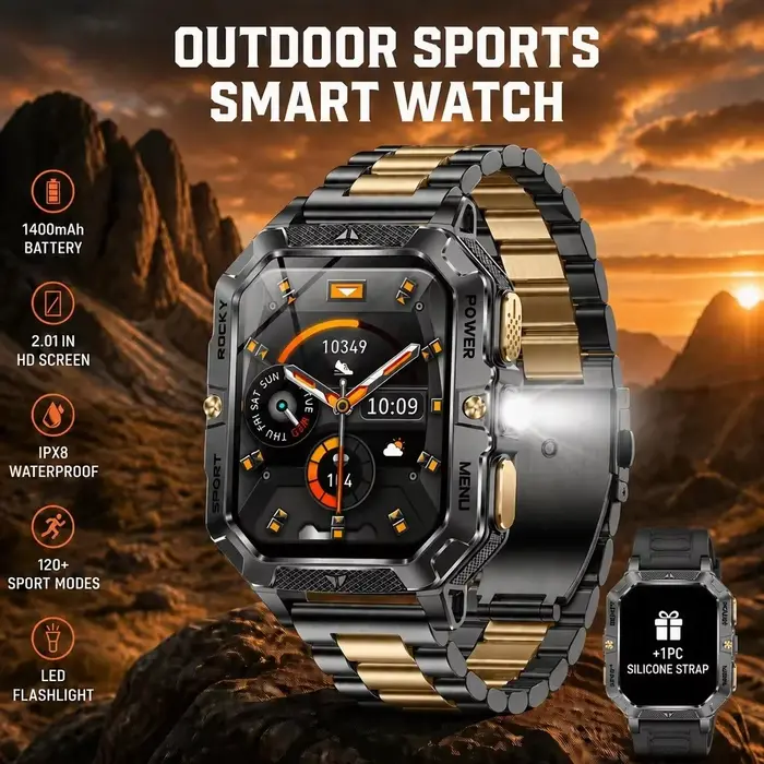 Montre connectée d'extérieur avec écran HD de 2,01 pouces, batterie de 1400 mAh, étanche IPX8, plus de 120 modes sportifs, appels BT5.3, lampe de poche LED, moniteur de santé.