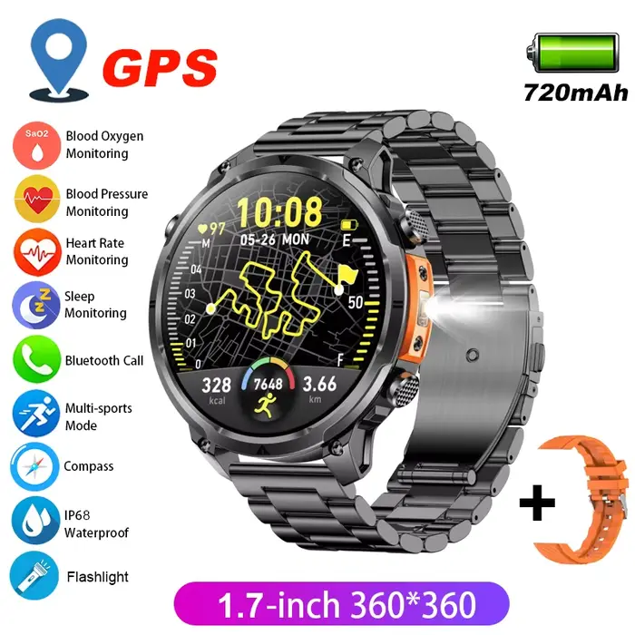 2026 GPS Smartwatch pour hommes 1.7 HD écran militaire montre intelligente IP68 étanche lampe de poc