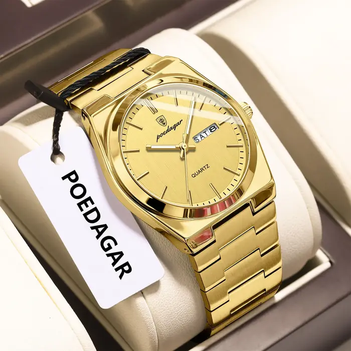 POEDAGAR montre-bracelet à Quartz pour hommes de luxe étanche lumineux Date semaine homme montre en acier inoxydable
