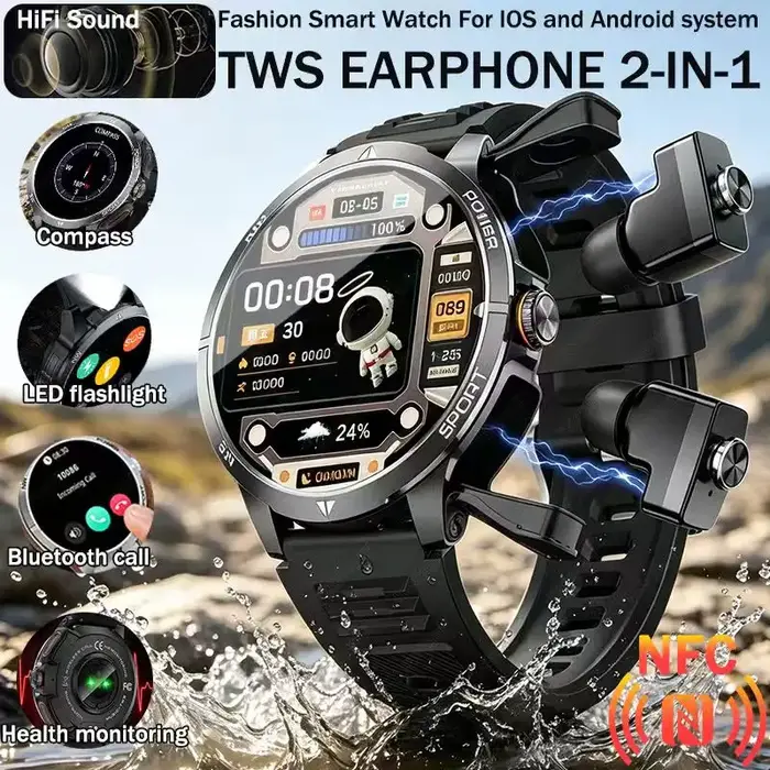 Nouvelle montre intelligente 3-en-1 pour sports de plein air, écran haute définition de 1,7 pouce, écouteurs sans fil avec une autonomie de batterie allant jusqu'à 5 heures.