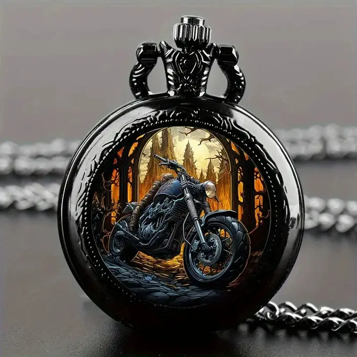 Montre de poche à quartz de moto noire vintage, pendentif de collier avec fonction heure mondiale
