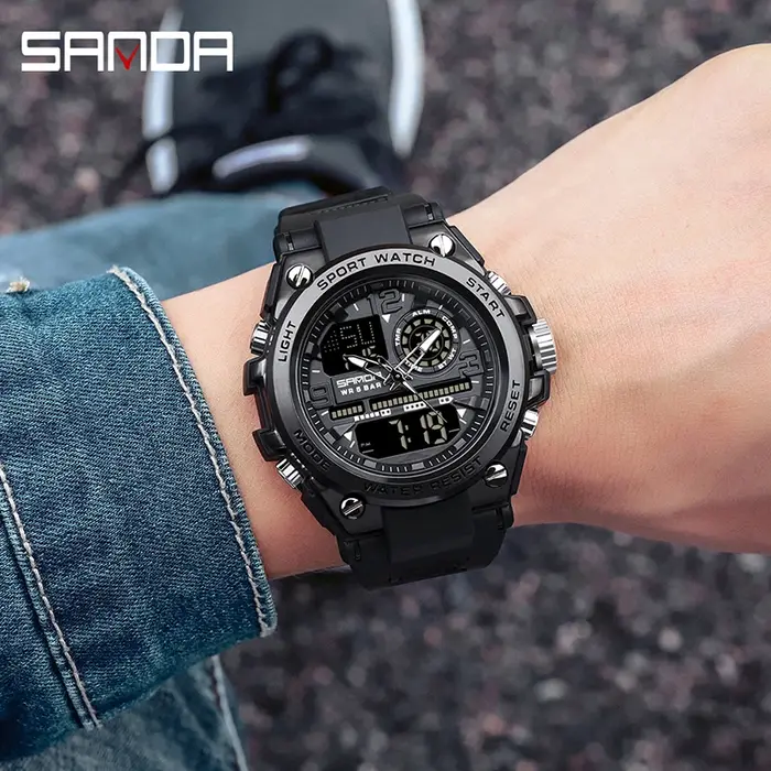SANDA hommes sport montres à Quartz double affichage LED électronique numérique