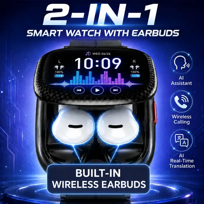 Montre intelligente 2-en-1 avec écouteurs Bluetooth, son stéréo HD, appels sans fil, assistant IA, suivi d'activité physique pour Android et iOS 2026