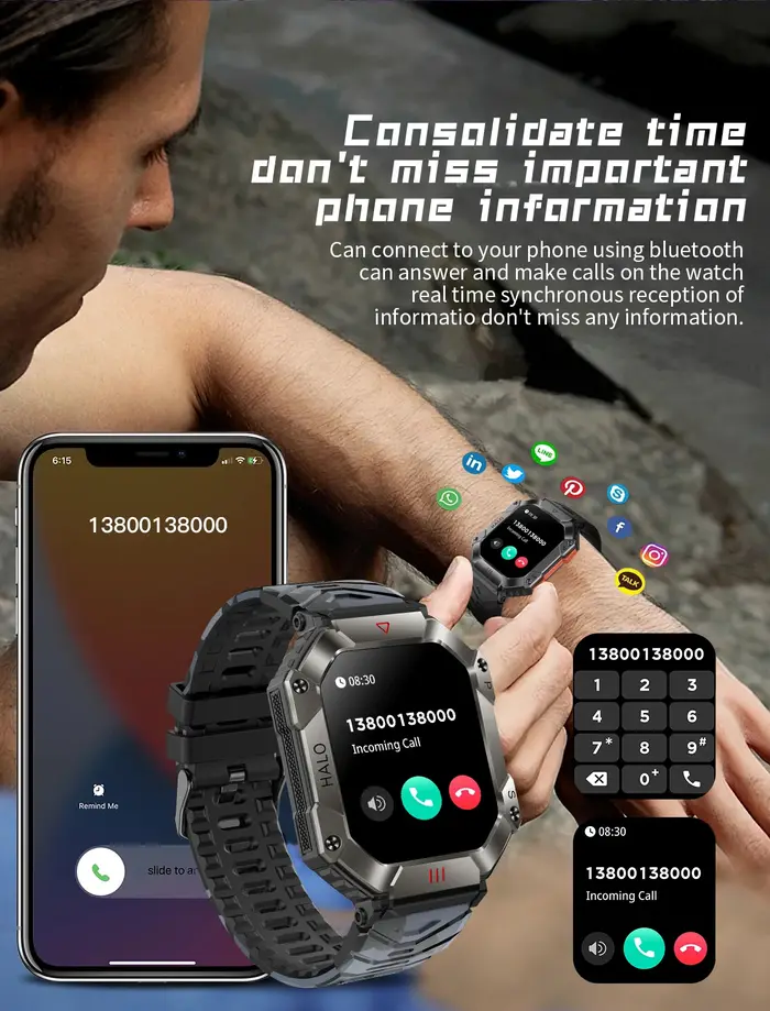 Montre intelligente extérieure cadre métallique militaire appels Bluetooth 2.0 "HD longue durée étanche 100 sport boussole de fréquence cardiaque KR80 HRBO