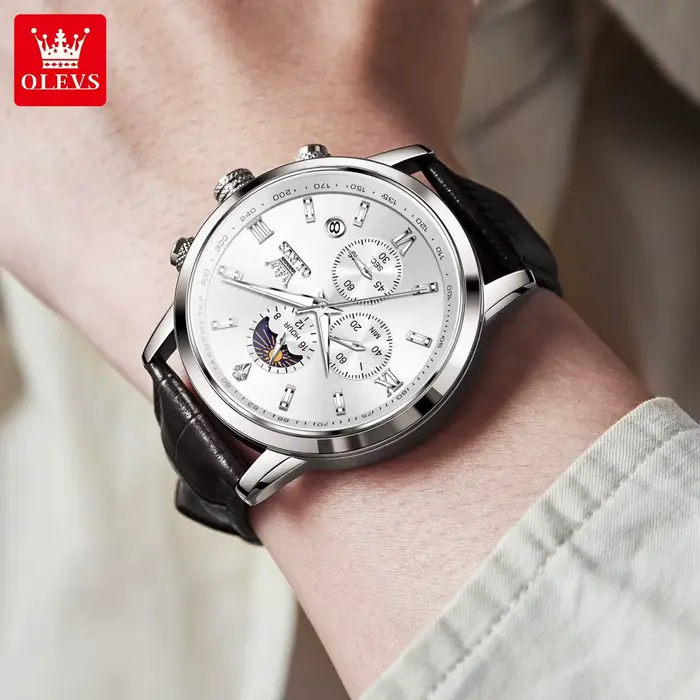 Original OLEVS 9812 marque montre en cuir pour hommes mode étanche lumineux multifonction chronographe Quartz montre-bracelet homme nouveau