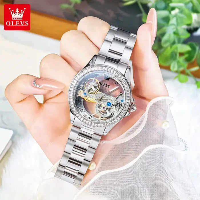 OLEVS 6699 entièrement creux femmes montre mécanique de luxe volant diamant lunette marque haut