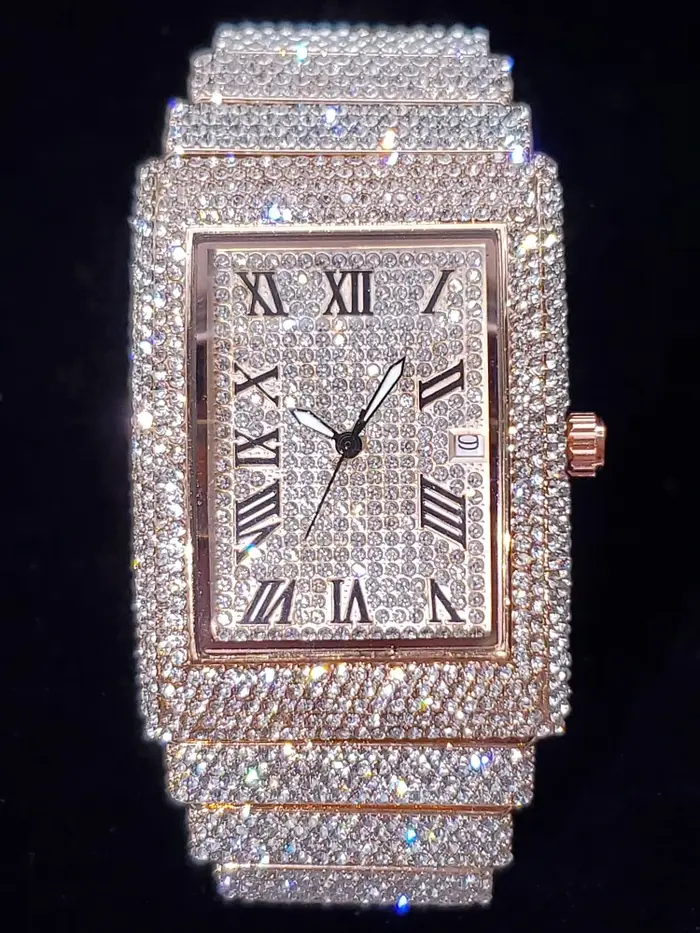 Montres pour hommes en or cadran rectangulaire de luxe diamant mode grandes