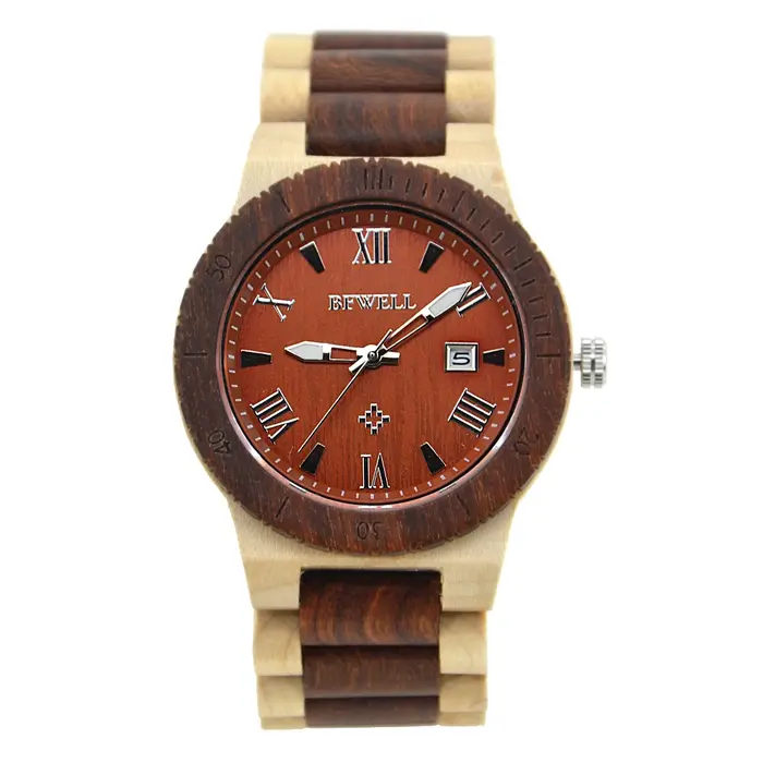Montre Bracelet Homme en Bois Cadran Rond Faite Main Légère Date Lumineuse Quartz pour Port Quotidien Décontracté