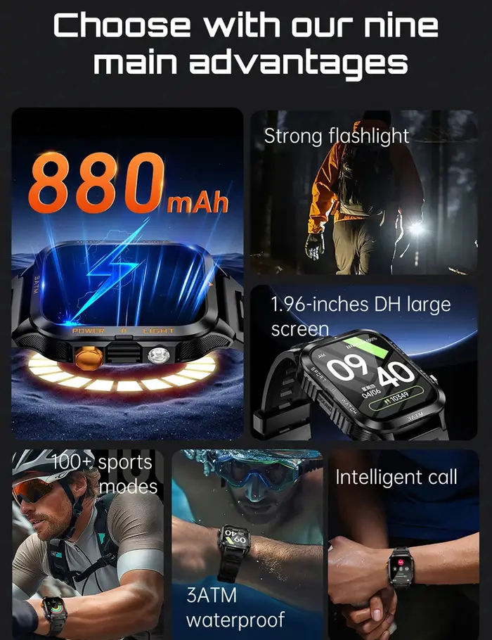 Montre connectée d'extérieur pour hommes, GPS, sport, batterie 800mAh, Bluetooth, appel, santé, écran 1.96 pouces, lampe de poche, étanche 3ATM