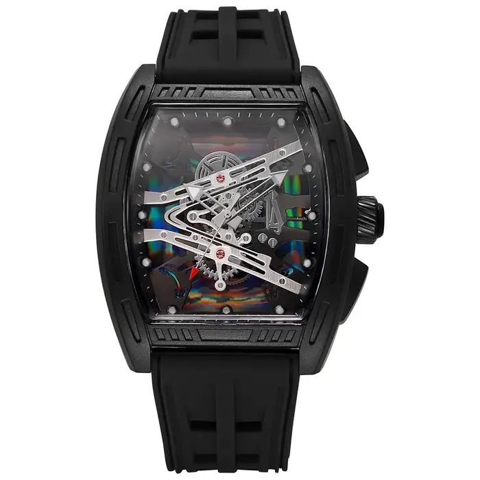 Montre Homme Tonneau Squelette Lumineuse Quartz Cadran Iridescent Bracelet Silicone Sport