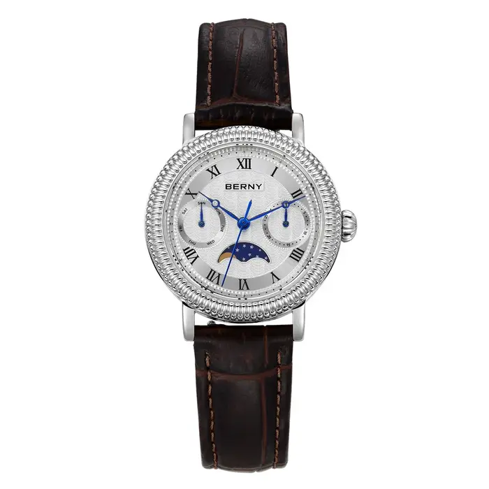BERNY Montres pour femmes, montre de luxe pour affaires, phase de lune, élégante, à quartz, bracelet en cuir, acier inoxydable
