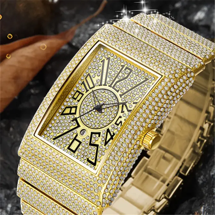 Montre de luxe en diamant doré et argenté pour hommes, montres-bracelets à quartz, Hip Hop Date, horloge masculine, marque supérieure