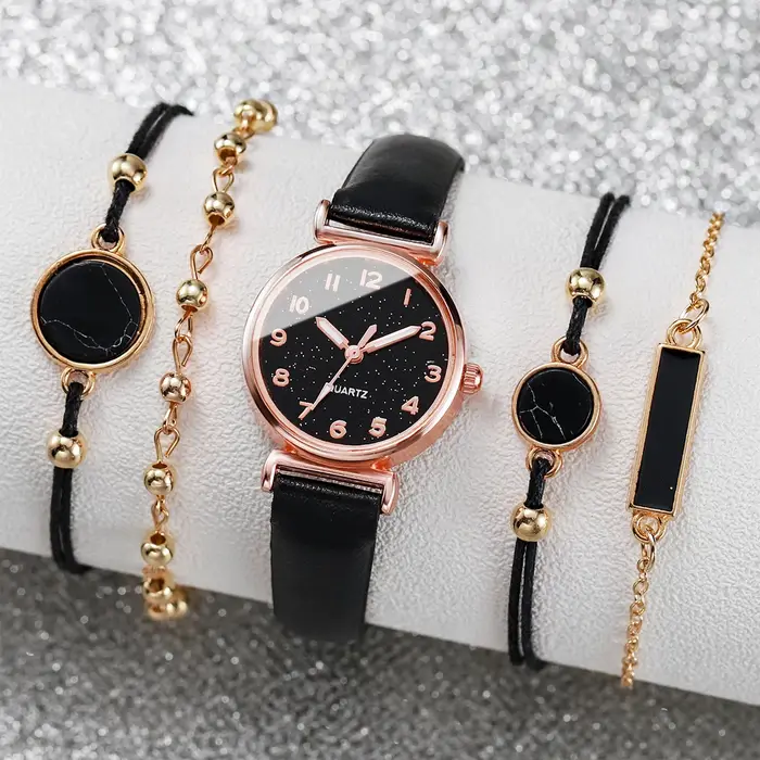 Montre à quartz avec bracelet en cuir et cadran ciel étoilé pour femme
