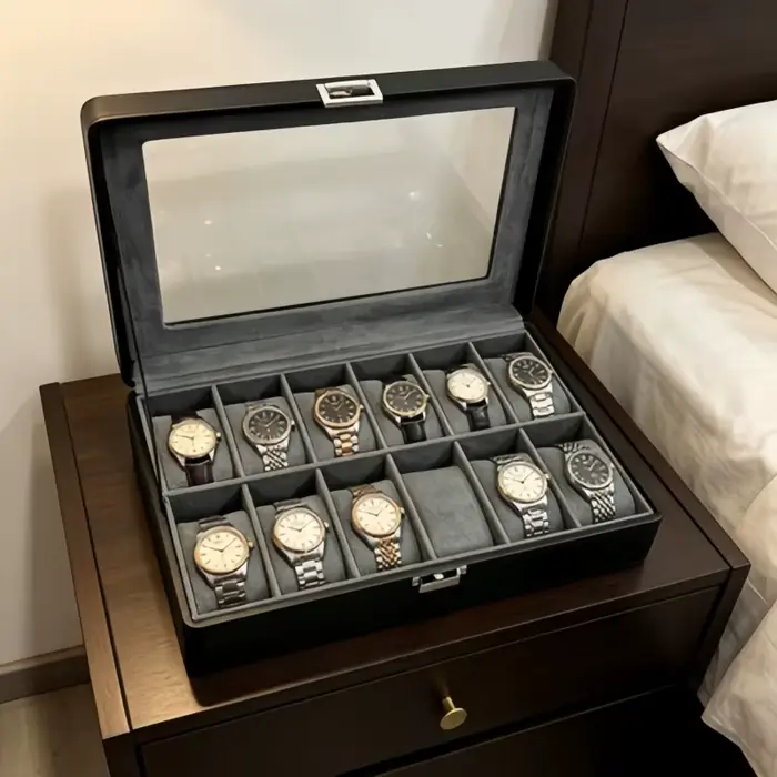 Boîte à montres en cuir de luxe à 12 emplacements avec serrure