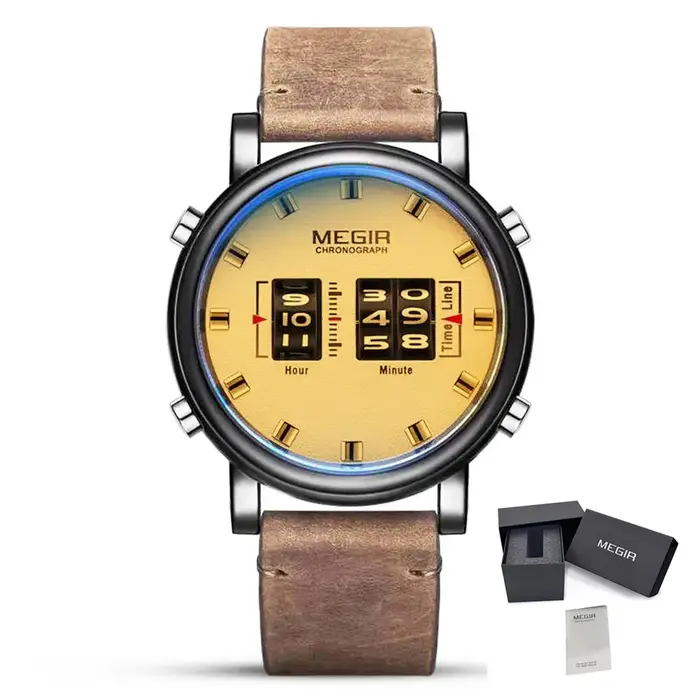 Montre-bracelet numérique MEGIR Roller, cadran numérique, mouvement à quartz, montre de sport pour homme, 3ATM étanche, bracelet en cuir, montres Reloj Hombre