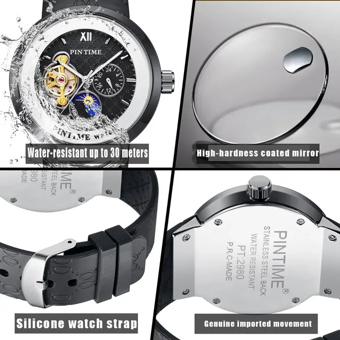 Montre mécanique classique noire avec affichage des étoiles et de la lune