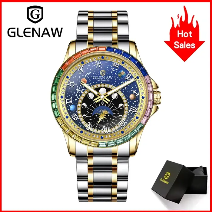 2025 nouveau GLENAW Design arc-en-ciel cercle montre mécanique hommes Constellation cadran veilleuse