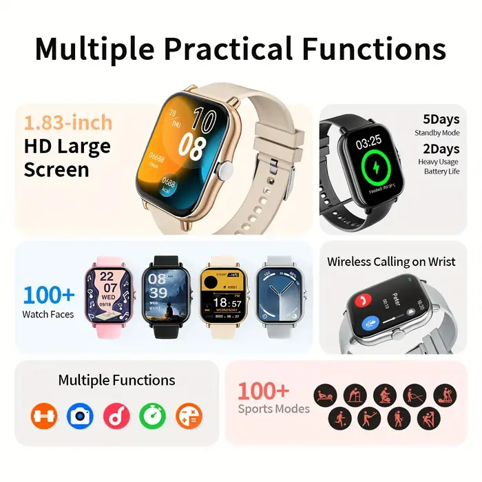Montre connectée de 1,83 pouce pour hommes et femmes - Montre avec appels sans fil, notification de messages via application, calculatrice, réveil