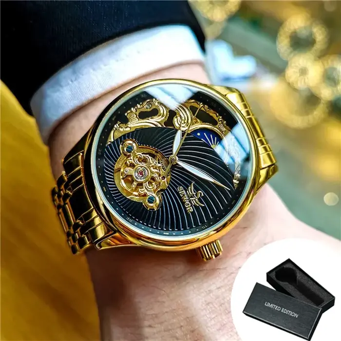 AOKULASIC or squelette montre pour hommes rétro Phase de lune Tourbillon automatique montres mécaniques de luxe en acier inoxydable bande lumineuse
