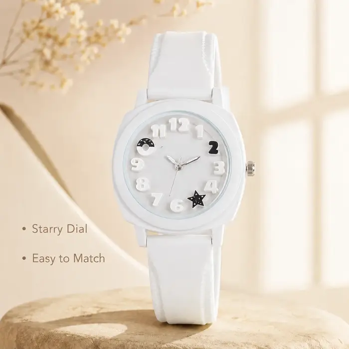 Montre analogique à cadran numérique 3D avec motif lune et étoiles