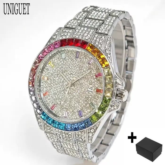 Vente chaude mode montre en or pour hommes marque UNIGUET Hip Hop arc-en-ciel diamant brillant bijou