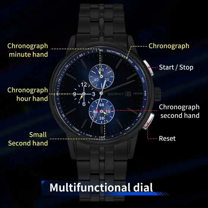 BERNY chronographe montres pour hommes 24 heures cadran MIYOTA OS10 multi-fonction en acier inoxydable saphir Sport
