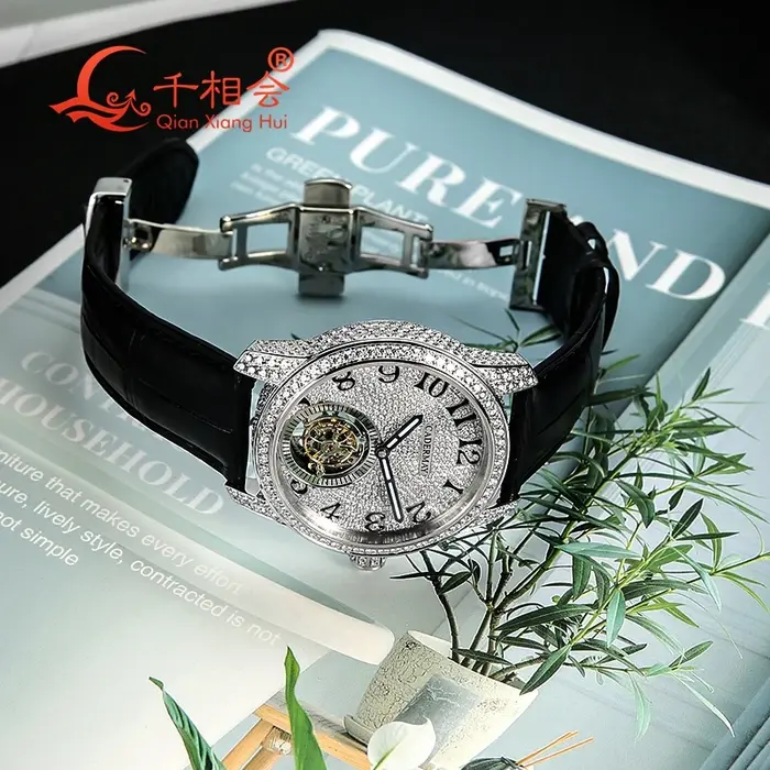 Montre mécanique de luxe entièrement Moissanite pour homme