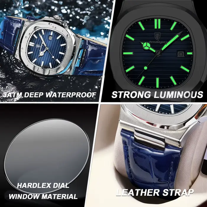 POEDAGAR Top carré homme montre Date étanche lumineux luxe hommes montre-bracelet de haute qualité e