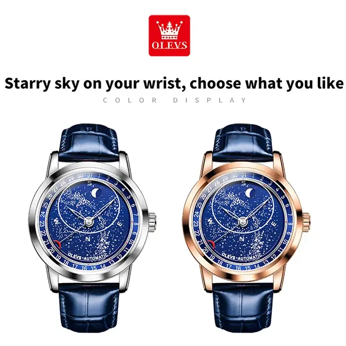 OLEVS 9923 montres pour hommes Phase de lune montre mécanique automatique pour homme en cuir bleu robe de luxe étanche montre-bracelet lumineuse