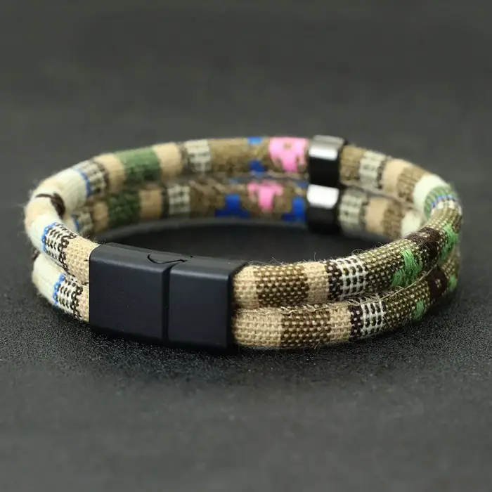 Noter nouveau Bracelet pour hommes avec corde détachable aimant boucle Wrap Braslet Double couche bo