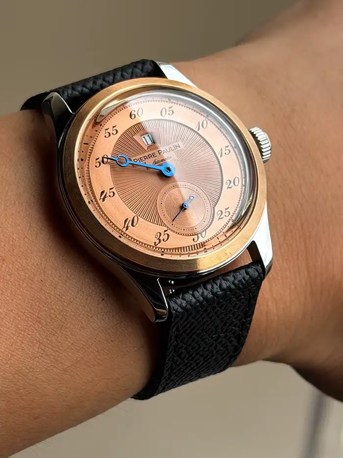 Pierre Paulin montre d'heure sautante pour hommes anneau en Bronze Vintage cadran saumon montres automatiques Reloj Hombre