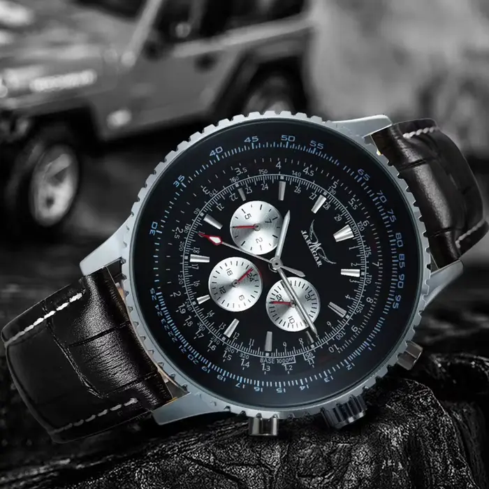 Montre automatique de sport JARAGAR pour hommes, multifonctionnelle avec sous-cadrans, montres mécaniques de marque haut de gamme, bracelet en cuir de luxe