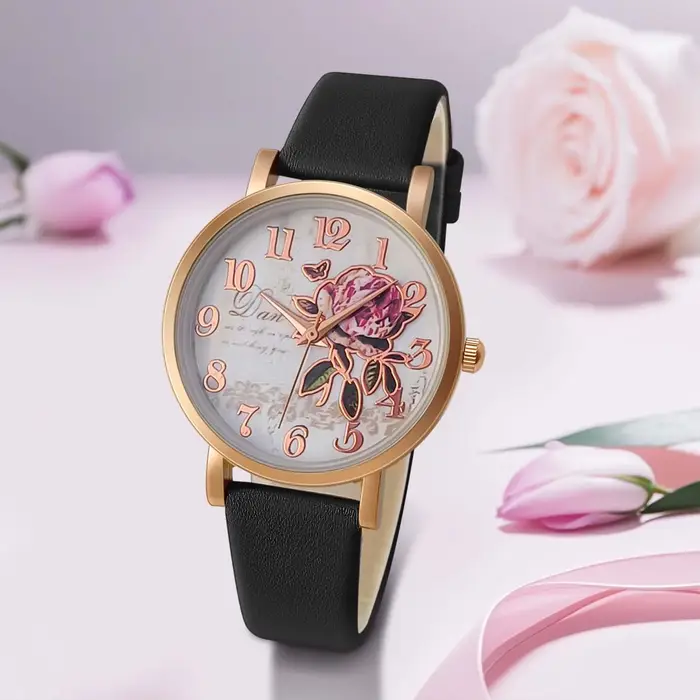 Nouveau Style de mode décontracté de luxe femmes cadran pivoine en cuir PU montre à Quartz élégant populaire polyvalent montre-bracelet cadeaux de vacances présent