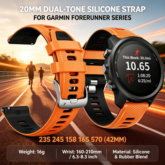 Bracelet de sport en Silicone bicolore de 20mm, pour montre de course Garmin Forerunner 235 245 158 165 570 (42MM)