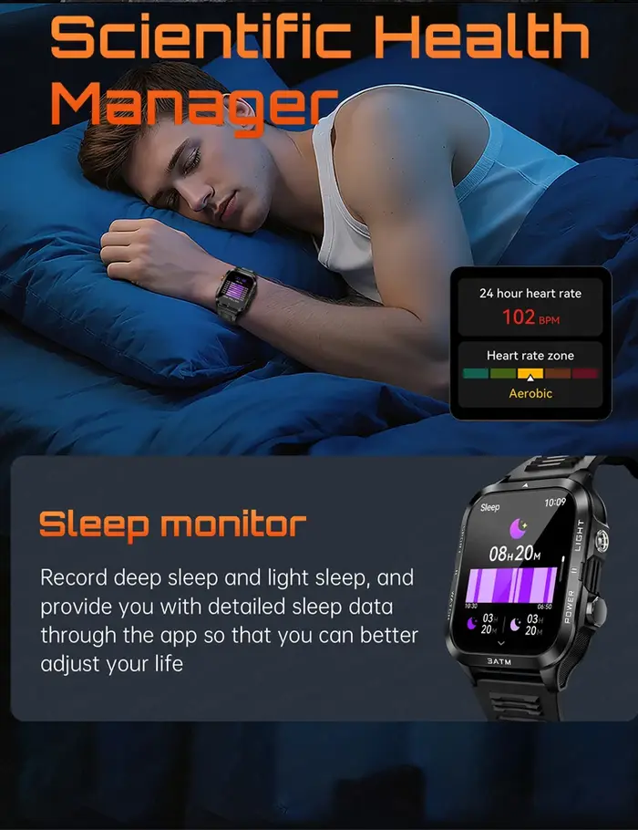 Montre connectée d'extérieur pour hommes, GPS, sport, batterie 800mAh, Bluetooth, appel, santé, écran 1.96 pouces, lampe de poche, étanche 3ATM