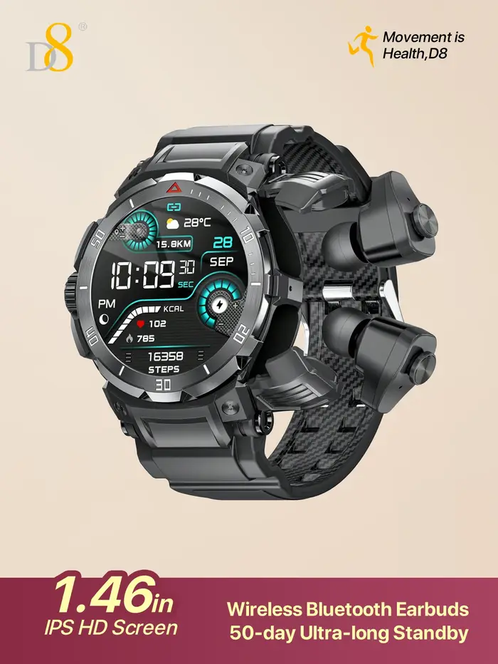 Montre connectée D8 avec écouteurs pour hommes et femmes, écran tactile HD de 1,46 pouces, effets so