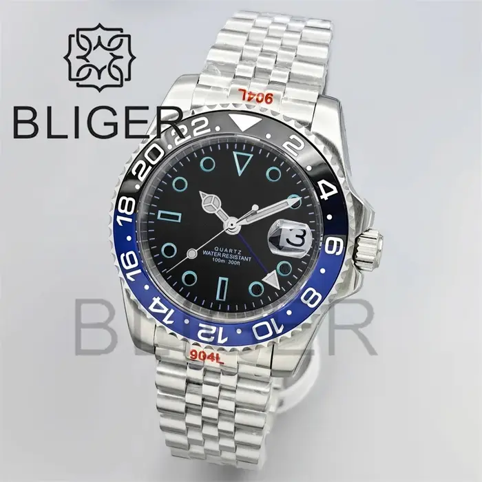 BLIGER 40mm GMT montres pour hommes 100M étanche Logo personnalisé céramique verre saphir acier inoxydable affaires