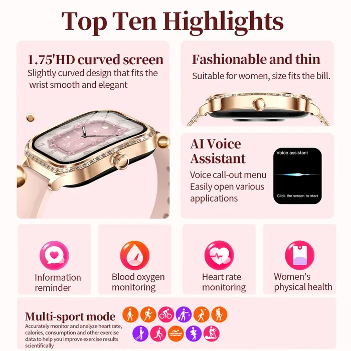 Montre connectée de luxe pour femmes, écran HD 1.75 pouces, fréquence cardiaque, Sport, Fitness, étanche IP68, appel Bluetooth, cadeau pour dames, nouvelle collection