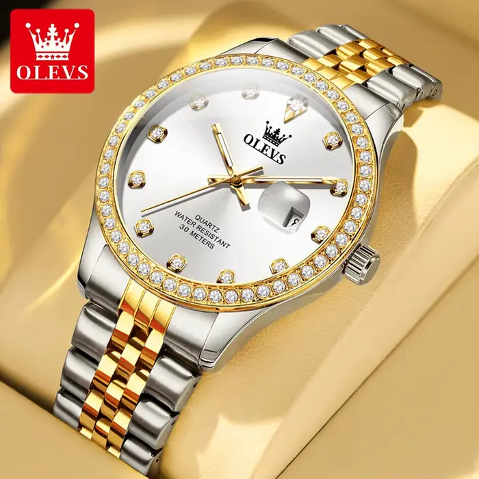 Montre OLEVS 3629 originale de marque, or et diamants, pour homme, lumineuse, étanche, date automati
