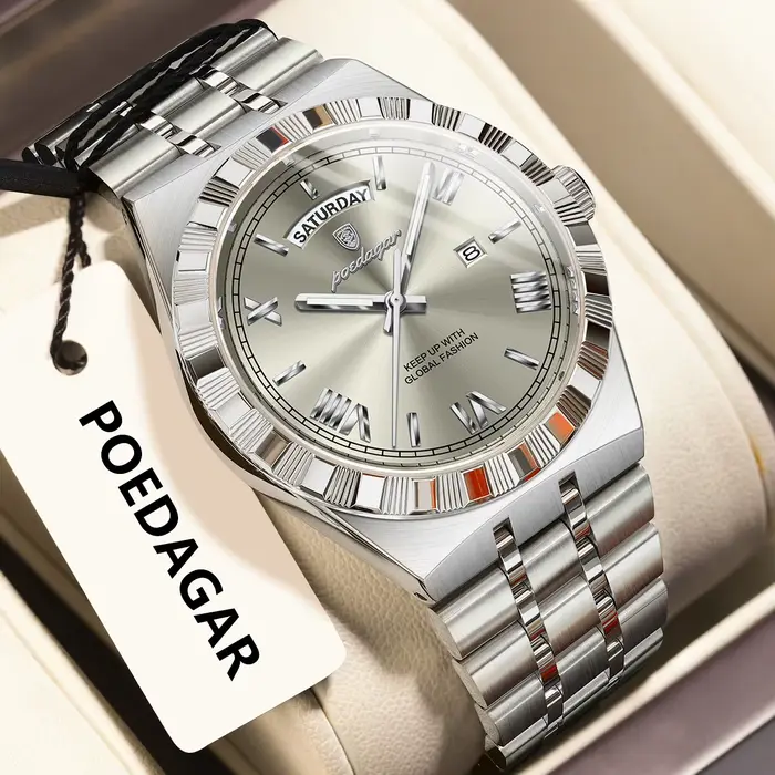 POEDAGAR luxe homme d'affaires montre semaine Date étanche montres lumineuses pour hommes en acier i
