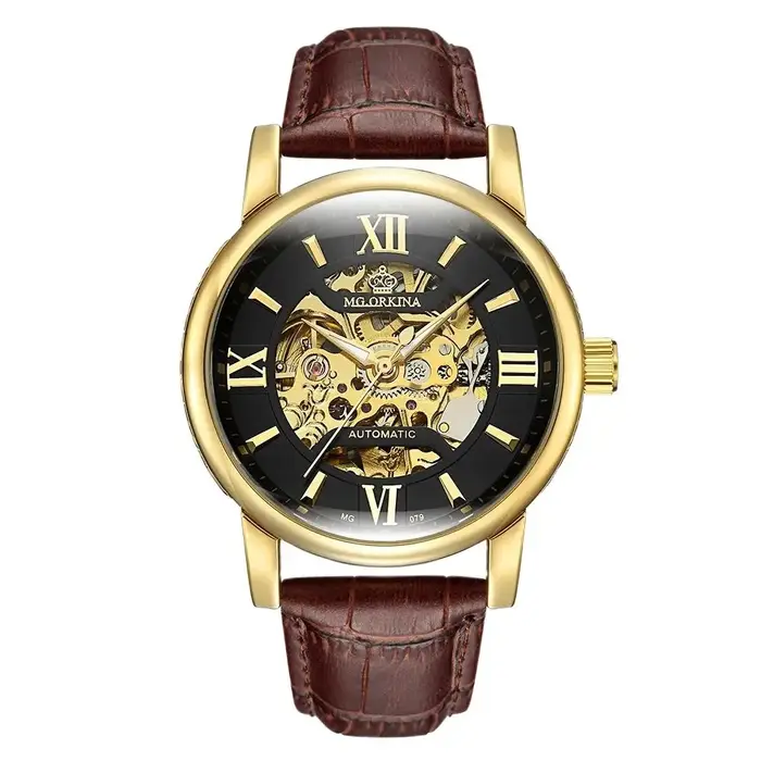 Montres mécaniques squelette dorées ORKINA pour hommes, marque de luxe, bracelet en cuir marron, Relogio Masculino Zegarek Meski