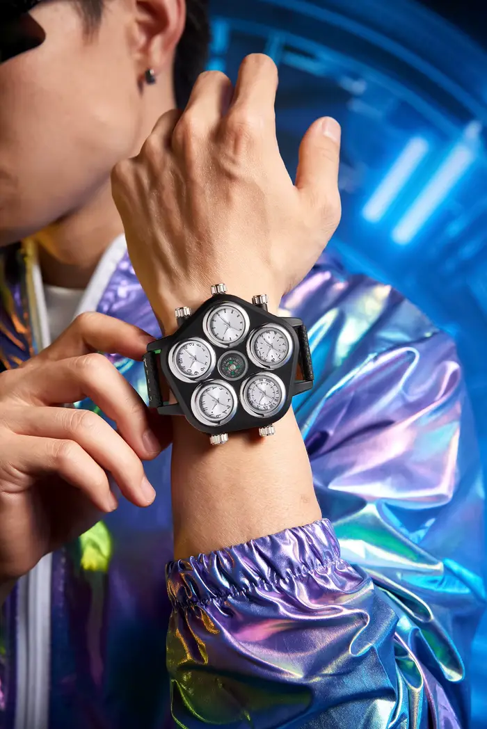 Montre à quartz pour homme à grand cadran personnalisé avec cinq cadrans et plusieurs fuseaux horaires