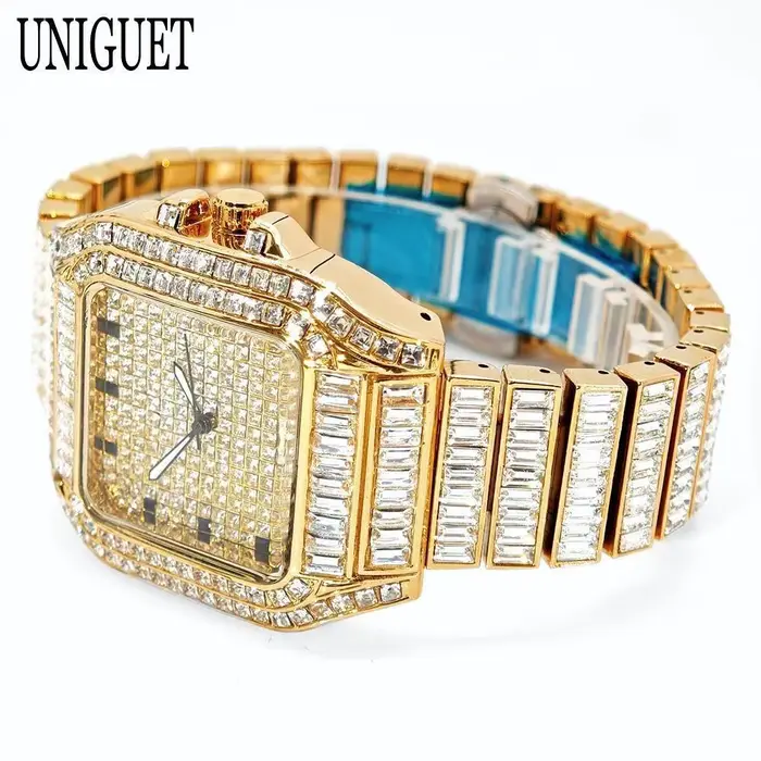 Montre en or de luxe pour hommes marque de mode UNIGUET Hip Hop pleine Baguette diamant bijoux Quartz montre-bracelet Mans Relogio Masculino