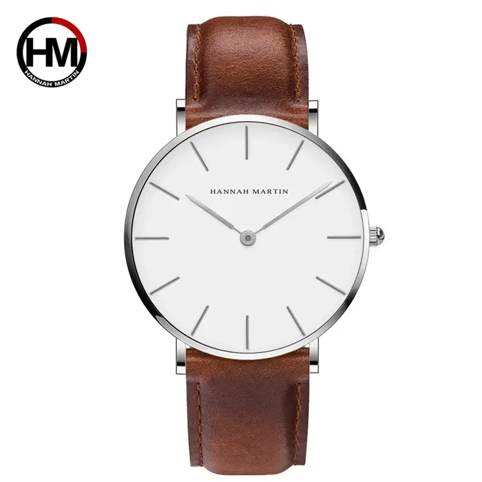 Hannah Martin marque mode japon montres à Quartz argent marron cuir hommes montre étanche robe