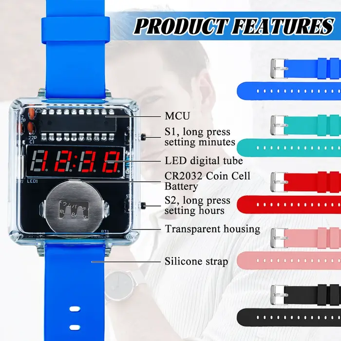 Kit de montre électronique à monter soi-même, affichage numérique LED créatif, boîtier Transparent 3V, soudage pratique, Kit de bricolage électronique