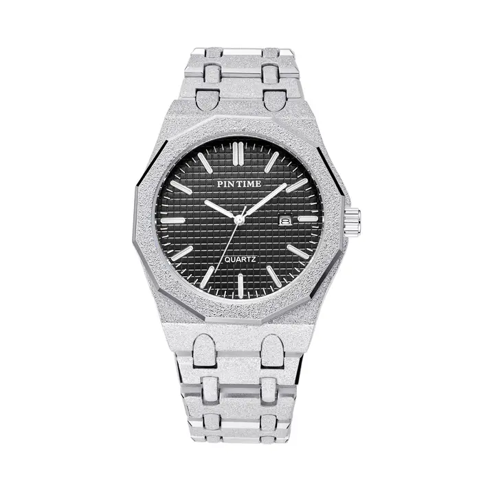 Montre à quartz pour homme, boîtier en acier inoxydable noir mat à douze côtés avec bracelet en cuir